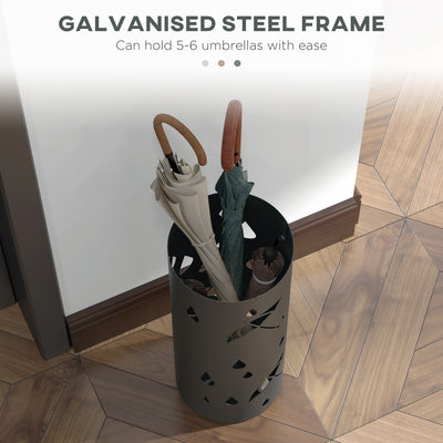 HOMCOM Freestanding Umbrella Stand for Hallway, Round Umbrella Basket with 4 Hooks and Drip Tray for Entryway, Dark Grey 