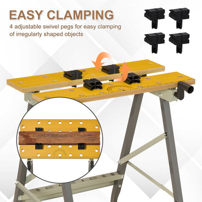 DURHAND 4-in-1 Work Bench, Saw Horse Folding Clamp Table w/ 4 Adjustable Clamping Pegs for DIY Home Garage, Grey 