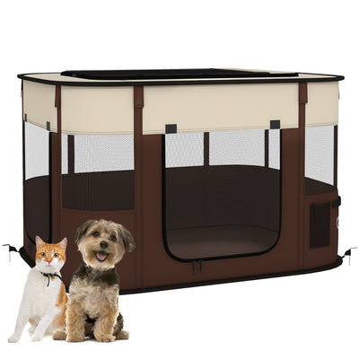 PawHut Foldable Dog Pen with Storage Bag for Indoor/Outdoor Use, Portable Pet playpen, with Ground Stakes - Brown 