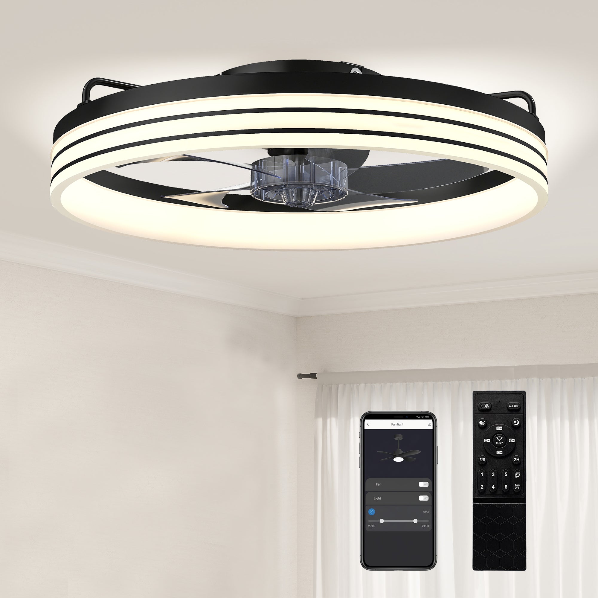 HOMCOM Ceiling Fans with Lights and Remote & App Control, 50cm LED Ceiling Fan Light with 3 Colour Temperatures, 6 Speed, Black 