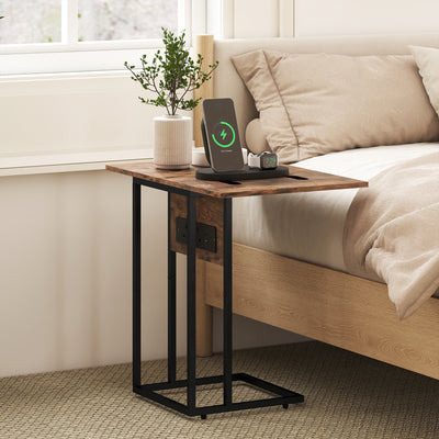 HOMCOM C Shaped Side Table with Charging Station and Foldable Top - Rustic Brown 