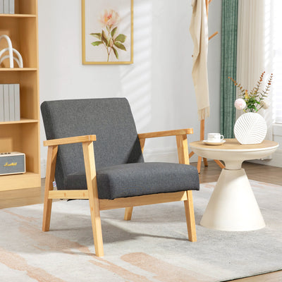 HOMCOM Fabric Accent Chair for Living Room, Arm Chair with Rubber Wood Frame and Padded Cushion, Dark Grey 