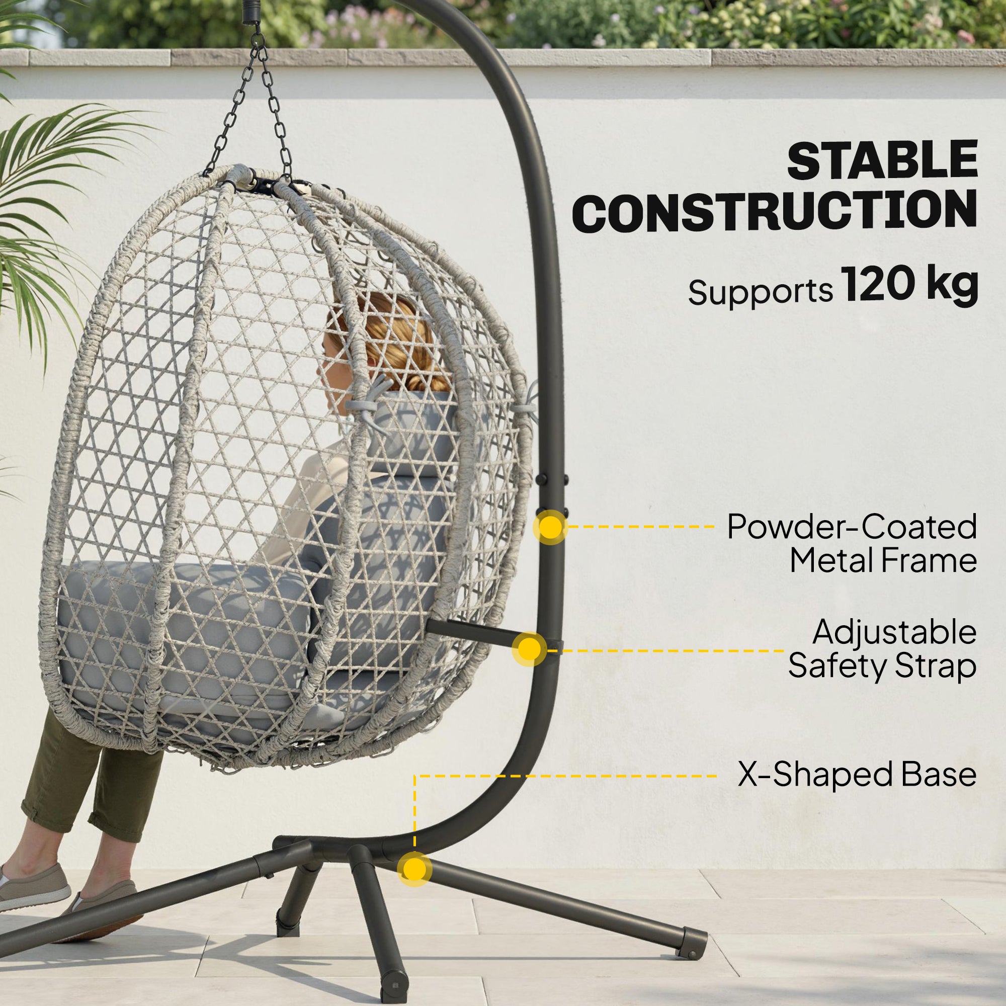 Outsunny Hanging Egg Chair, Indoor Outdoor Rattan Hammock Swing Chair with Stand, Safety Strap, Foldable Basket, Light Grey 