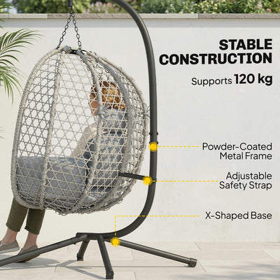 Outsunny Hanging Egg Chair, Indoor Outdoor Rattan Hammock Swing Chair with Stand, Safety Strap, Foldable Basket, Light Grey 