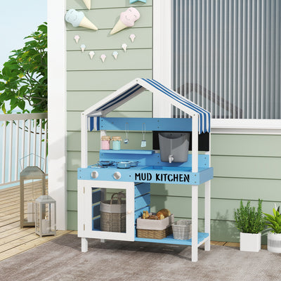 AIYAPLAY Kids Mud Kitchen Outdoor with Stoves, Sink, Faucet, Storage Shelves, Cookware Accessories for Boys Girls, Blue 