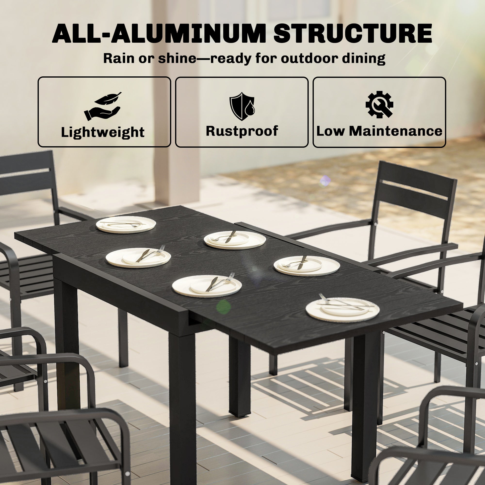 Outsunny Extending Garden Table for 4-6, Aluminium Outdoor Dining Table with Faux Wood Slatted Top, Black 