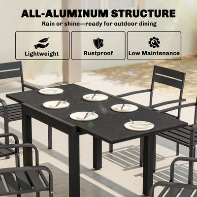 Outsunny Extending Garden Table for 4-6, Aluminium Outdoor Dining Table with Faux Wood Slatted Top, Black 