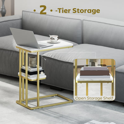 HOMCOM C-Shaped Narrow Side Table, 2-Tier Slim End Table, Nightstand for Small Spaces, Living Room, Bedroom, White Marble Grain 