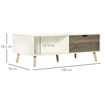 HOMCOM Coffee Table, Modern Tea Table with Open Storage Shelves, Two Drawers and Solid Wood Legs, Coffee Tables for Living Room, Bed Room, White 