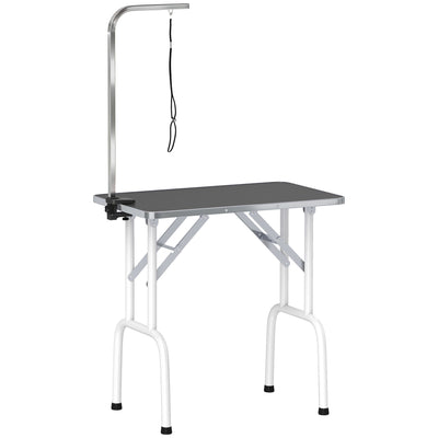 PawHut 32" Foldable Dog Grooming Table Pet Drying Beauty Table Adjustable Fixed Arm Rubber Top, Black 