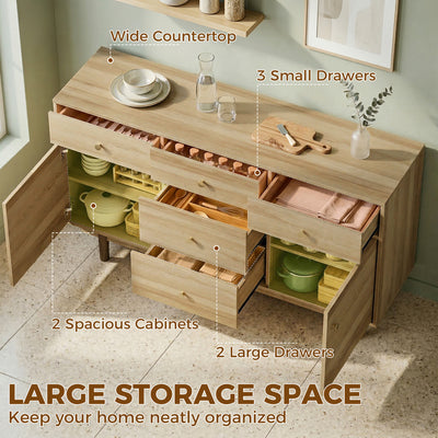 HOMCOM Sideboard with 5 Drawers and 2 Cabinets Buffet Cabinet with Solid Wood Legs 136 cm Walnut 