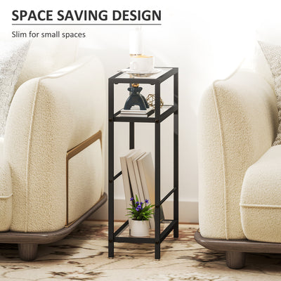 HOMCOM 3-Tier Side Table, Narrow End Table with Storage Shelf and Tempered Glass Tabletop for Small Spaces, Black 