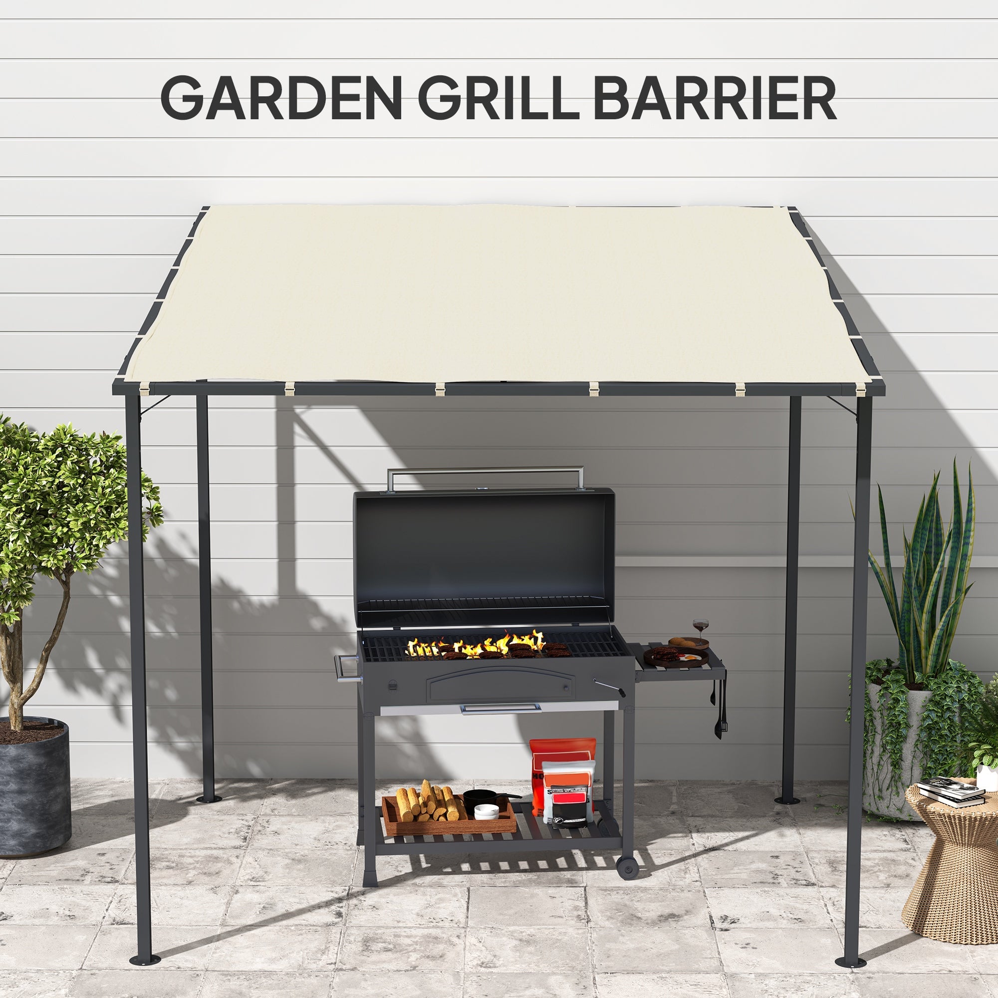 Outsunny 2.4 x 2.4 m Wall Mounted Pergola Gazebo with PA Coating Fabric and Metal Frame, UPF30+, Lean to Garden Gazebo, Wind Resistant Outdoor Sun Shade Shelter for Garden, Deck, Cream White 