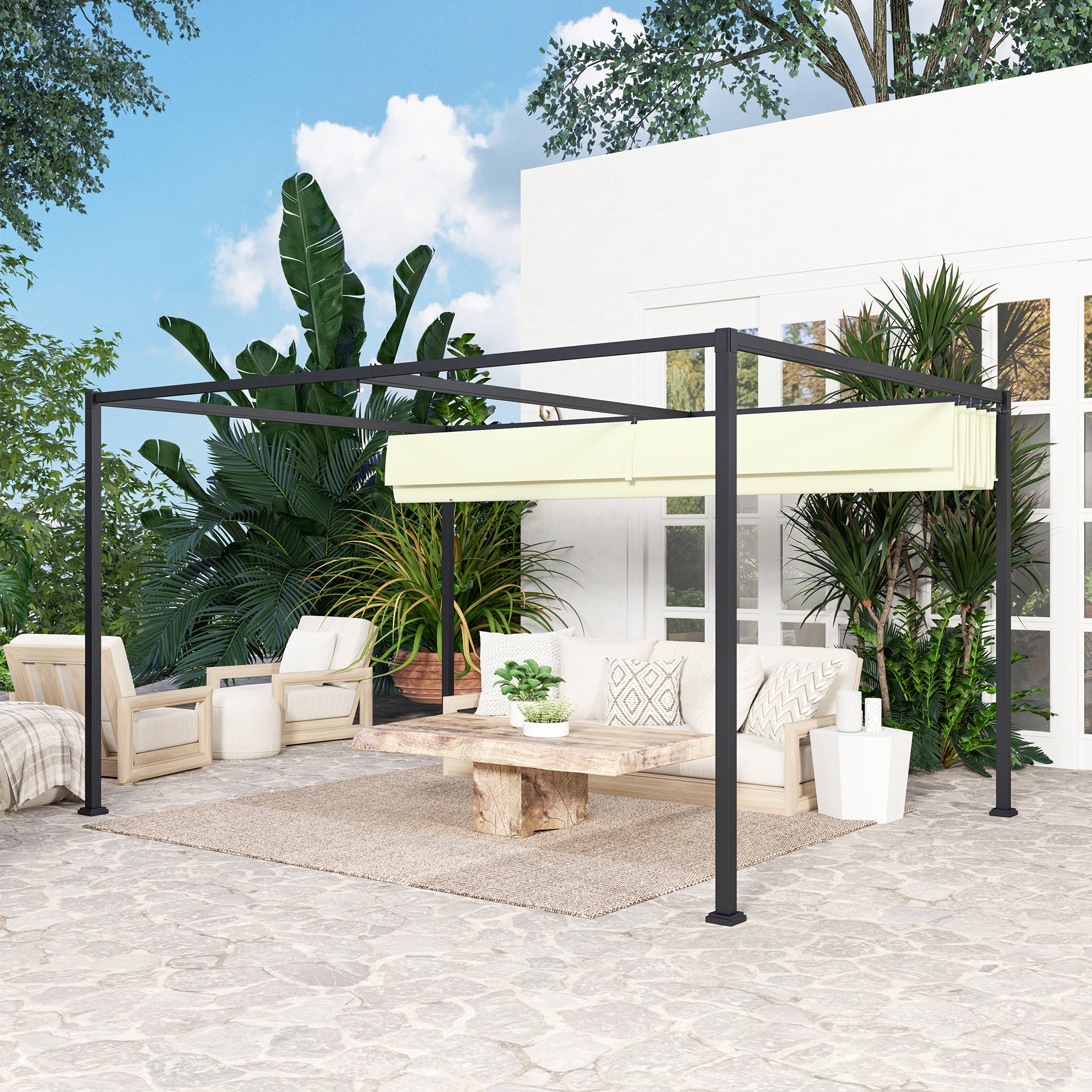 Outsunny 4 x 3(m) Metal Pergola with Retractable Roof, Garden Gazebo Canopy Shelter for Outdoor, Patio, Cream White 