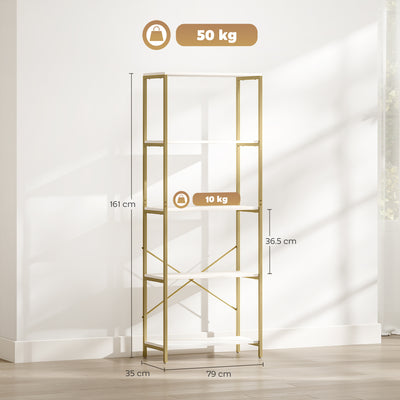 HOMCOM 5-Tier Bookshelf, Modern Bookcase with Metal Frame - White and Gold Tone 