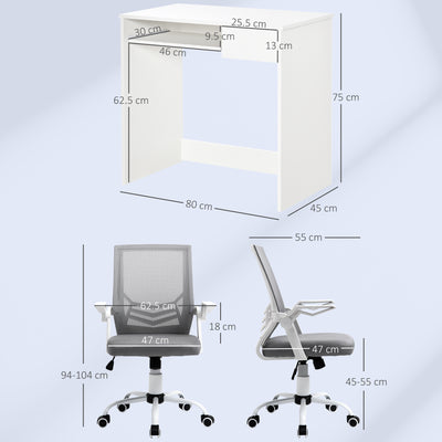Vinsetto Home Office Chair and Computer Desk Set, Mesh Chair with with 90° Flip-up Armrest, Study Desk with Keyboard Tray and Drawer, White and Grey 