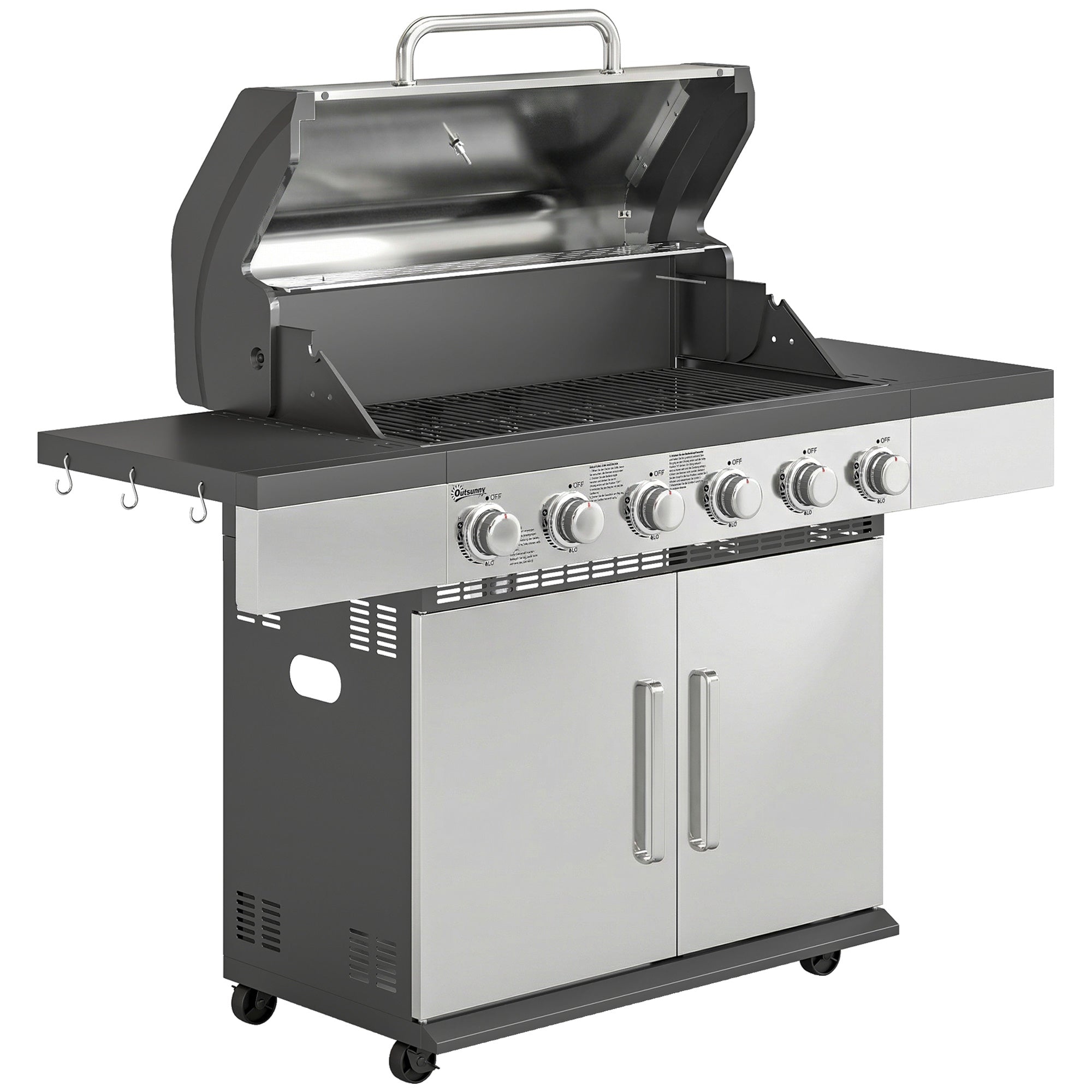 Outsunny 6 Burner Liquid Propane Gas BBQ Grill, Outdoor Portable Gas Barbecue Grill with Warming Rack, Side Tables, Cabinet 