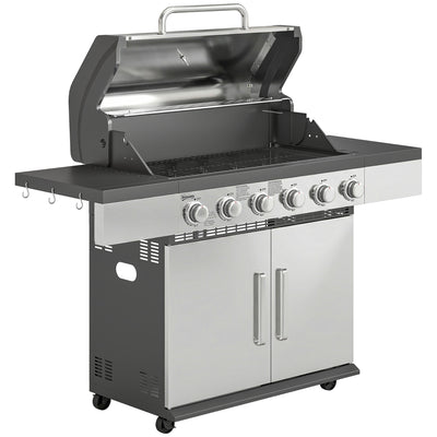 Outsunny 6 Burner Liquid Propane Gas BBQ Grill, Outdoor Portable Gas Barbecue Grill with Warming Rack, Side Tables, Cabinet 
