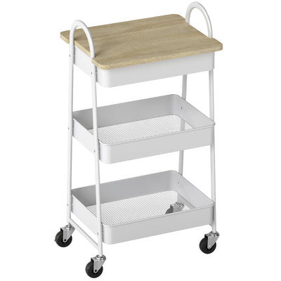 HOMCOM 3-Tier Kitchen Storage Trolley with on Wheels Cover Top Board - White and Oak 