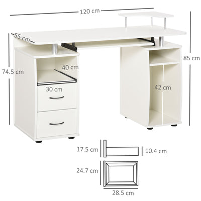 HOMCOM Computer Desk Office PC Table Workstation with Keyboard Tray, CPU Shelf, Drawers, Sliding Scanner Shelf, White 
