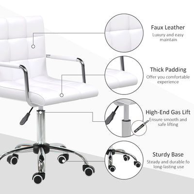 Vinsetto Office Chair, Makeup Vanity Chair, Mid Back Computer Chair, PU Leather Swivel Study Chair with Adjustable Height, Armrest and Rolling Wheels, White 