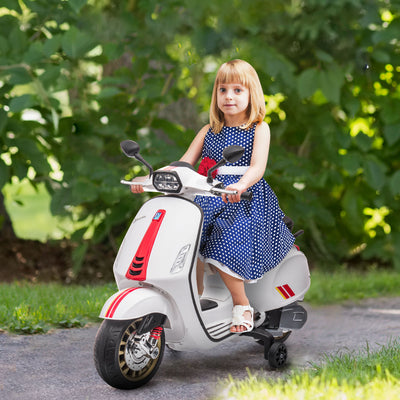 AIYAPLAY 12V Vespa Licensed Kids Electric Motorbike w/ Music, Headlights, FM Radio, for 3-6 Years - White 