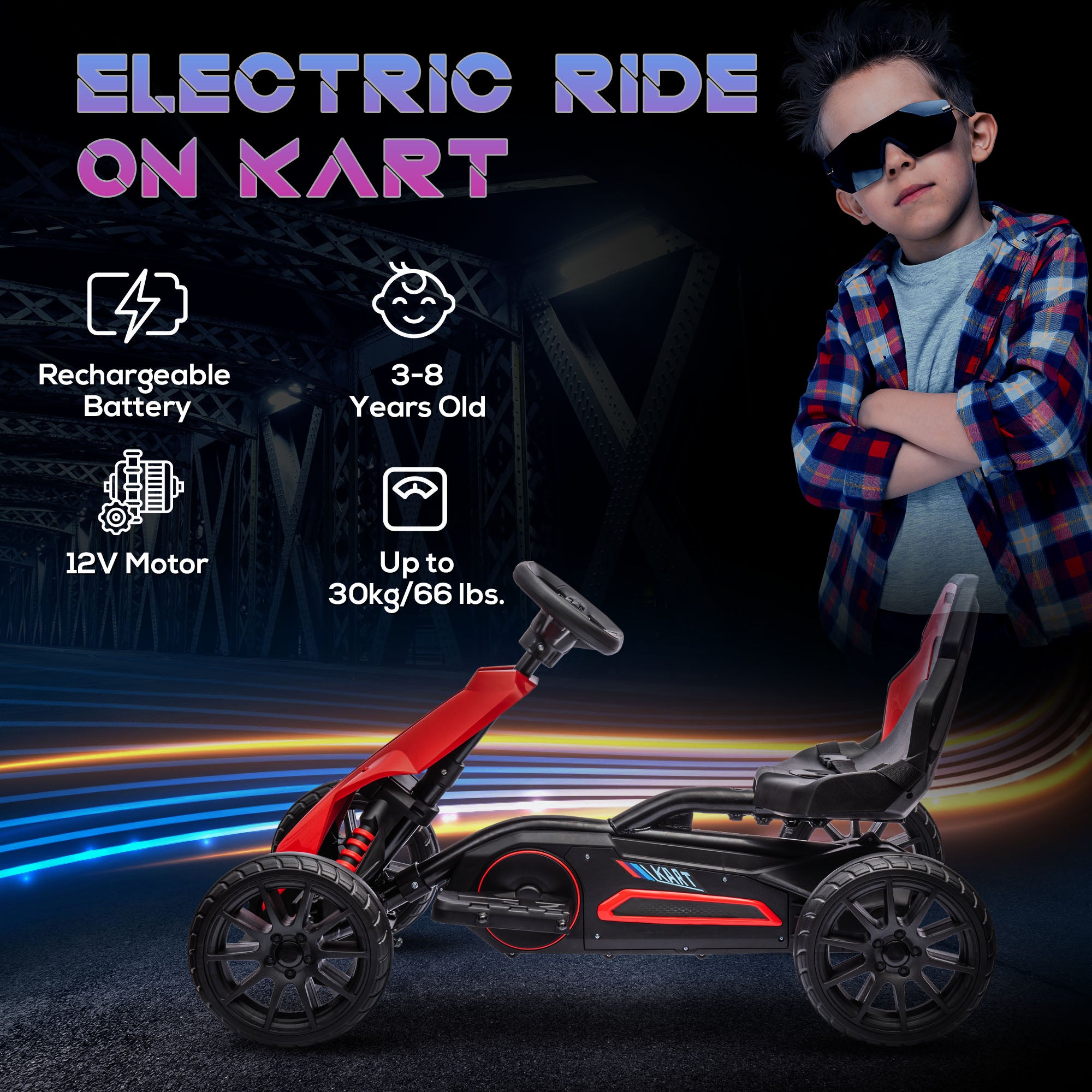 HOMCOM 12V Electric Go Kart for Kids, Ride-On Racing Go Kart with Forward Reversing, Rechargeable Battery, 2 Speeds, for Boys Girls Aged 3-8 Years Old - Red 