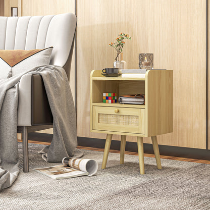 HOMCOM Set of Two Rattan Weave Bedside Tables - Wood Effect 