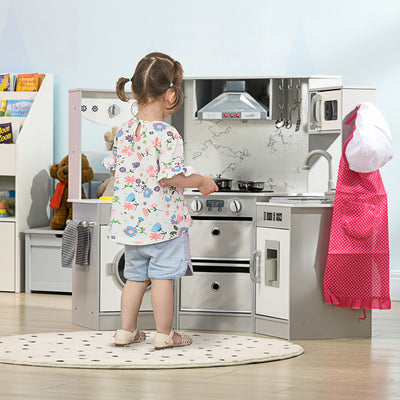 AIYAPLAY Toy Kitchen with Running Water, Lights, Sounds, Apron and Chef Hat, Water Dispenser, for Ages 3-6 Years, Grey 