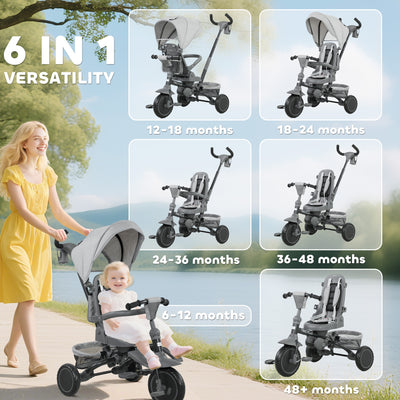 AIYAPLAY 6 in 1 Foldable Kids Trike with Adjustable Parent Handle & Canopy for Ages 1-5, Grey 