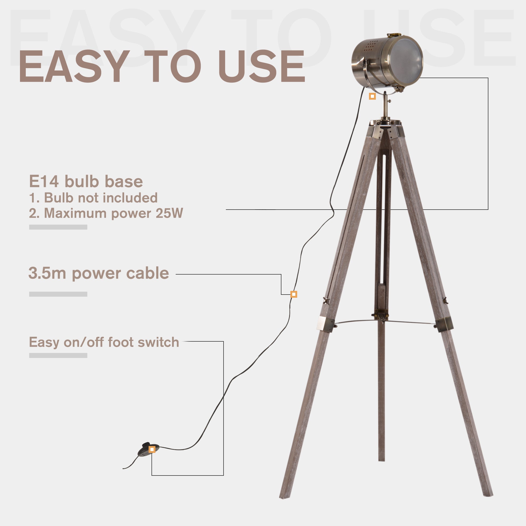 HOMCOM Industrial Tripod Floor Lamp, Nautical Searchlight with Adjustable Height, Wood Legs, E14 Lamp Base for Living Room, Bedroom, Grey and Bronze 