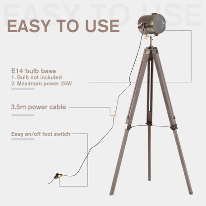 HOMCOM Industrial Tripod Floor Lamp, Nautical Searchlight with Adjustable Height, Wood Legs, E14 Lamp Base for Living Room, Bedroom, Grey and Bronze 