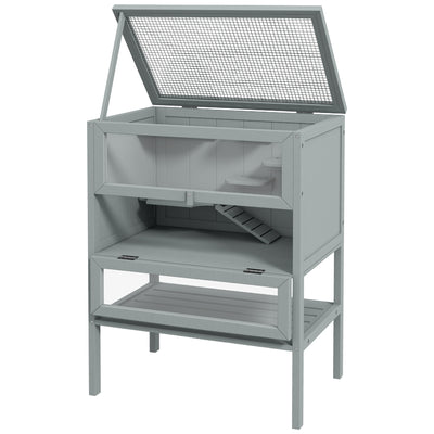 PawHut Wooden Hamster Cage 3 Tier House w/ Storage Shelf, Openable Top for Gerbils, Grey 