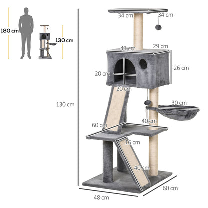 PawHut 130cm Cat Tree for Indoor Cats Activity Center with Condo Scratching Post Ladders Kitty Climbing Tower Relaxing Playing 