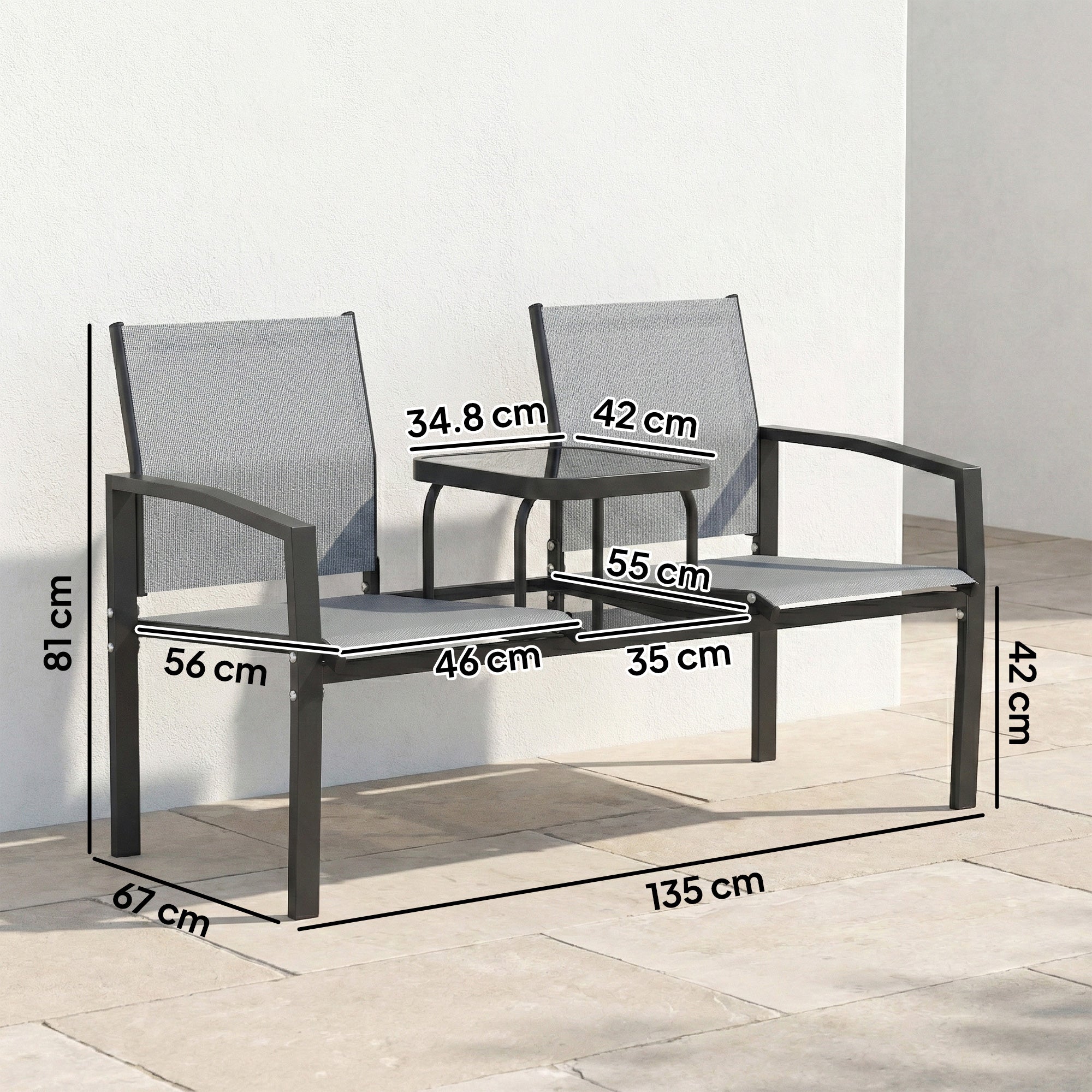 Outsunny Garden Love Seat, 2 Seater Jack and Jill Loveseat Companion Seat with 2-Tier Glass Table, Breathable Texteline, Grey 