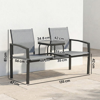 Outsunny Garden Love Seat, 2 Seater Jack and Jill Loveseat Companion Seat with 2-Tier Glass Table, Breathable Texteline, Grey 