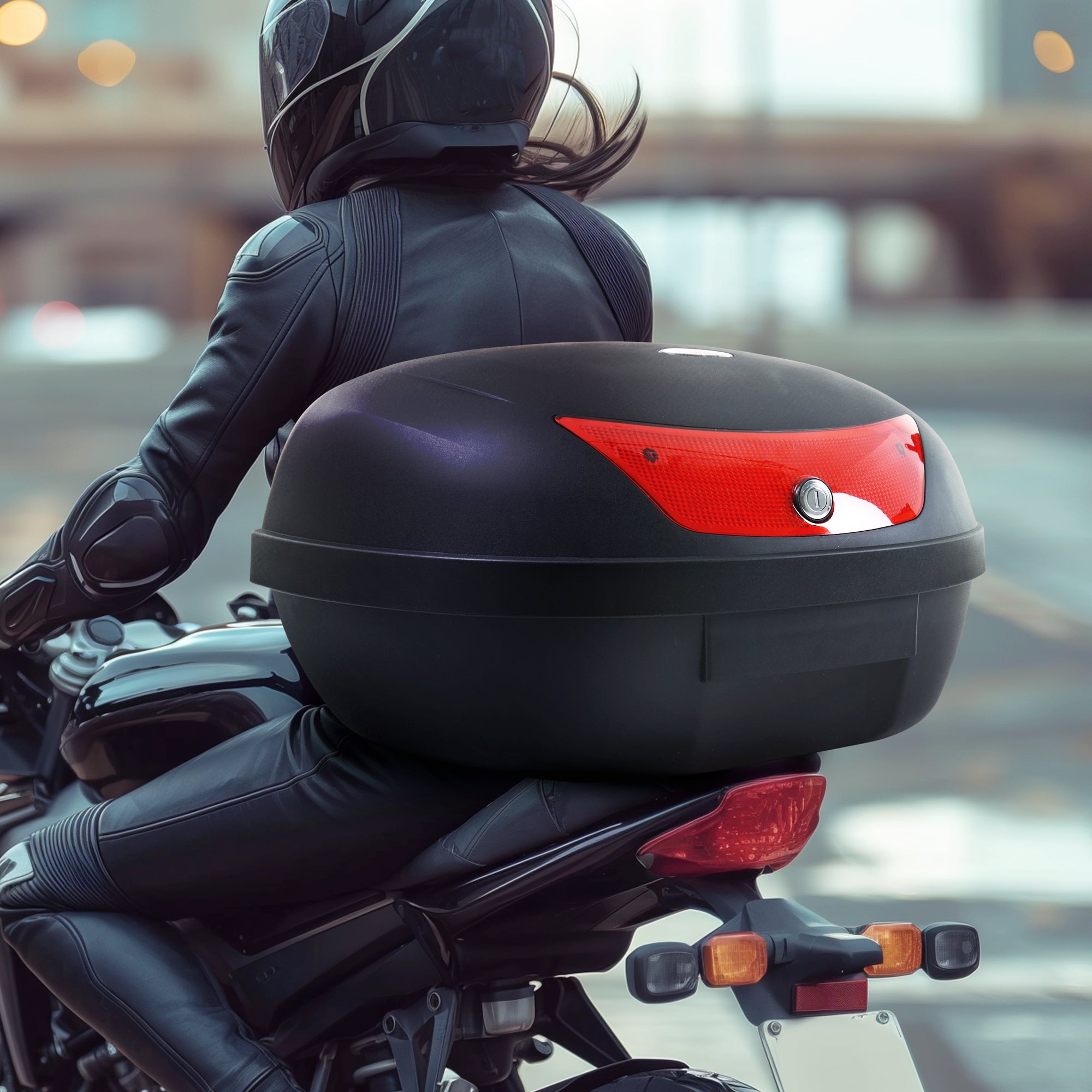 HOMCOM 48L Motorcycle Trunk Travel Luggage Storage Box Motorbike Accessory Large Storage Space For 2 Half Helmet - Black 