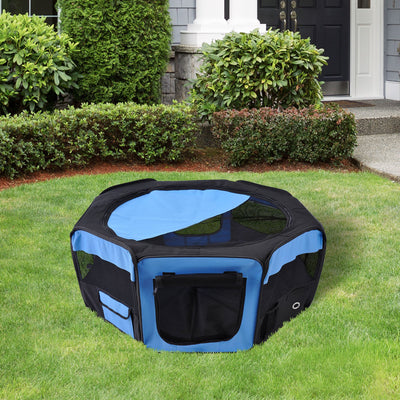 PawHut Portable Cat Dog Playpen Pet Puppy Rabbit Guinea Pig Pen Run Dia 90 x 41H cm Indoor & Outdoor Blue 