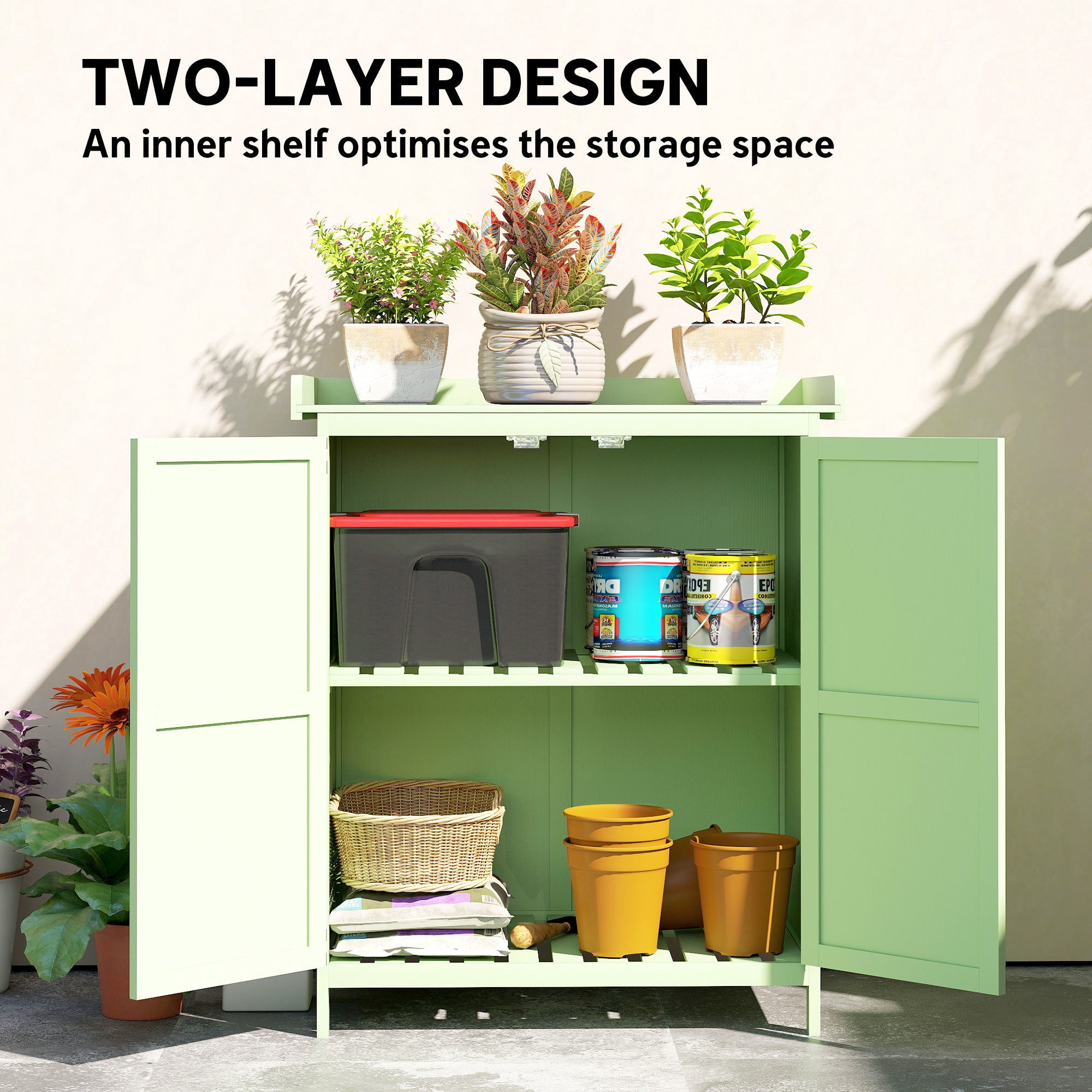 Outsunny Wooden Garden Shed, Garden Tool Storage Shed with Hinged Roof and Shelf, Outdoor Storage Cabinet with Double Doors, Light Green 