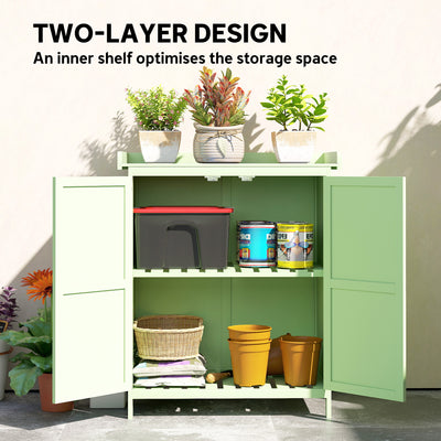 Outsunny Wooden Garden Shed, Garden Tool Storage Shed with Hinged Roof and Shelf, Outdoor Storage Cabinet with Double Doors, Light Green 