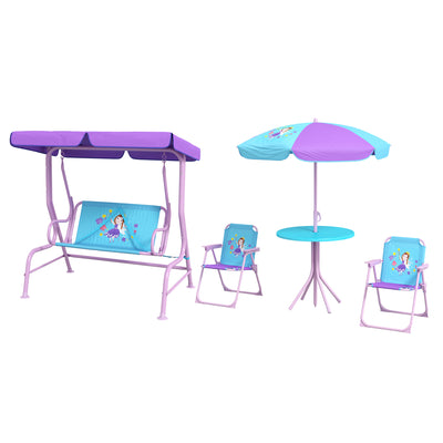 Outsunny 4PCs Kids Garden Furniture Set w/ 2 Seater Garden Swing Chair with Adjustable Canopy, Childrens Table and Chair Set with Parasol, for Toddler Girls 3-6 Years Old 