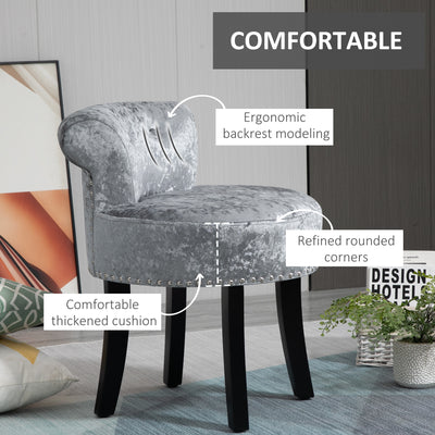 HOMCOM Dressing Table Stool with Rubber Wood Legs, Ice Velvet Vanity Stool for Living Room Bedroom, Grey 