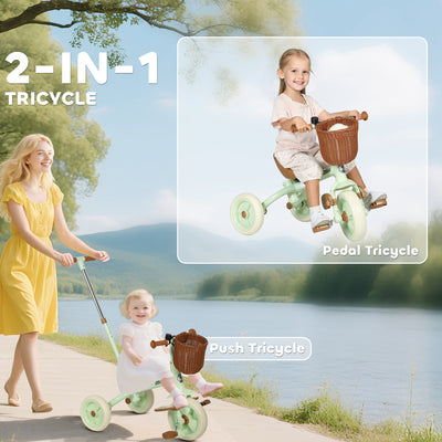 AIYAPLAY 2-In-1 Toddler Trike for 2-5 Years Old, 3 Wheel Bike with Adjustable Parent Handle, Basket for Boys and Girls, Green 