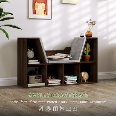 HOMCOM Bookcase Storage Shelf with Cushioned Reading Seat, Cube Bookshelf Organizer for Bedroom Living Room, Chestnut 