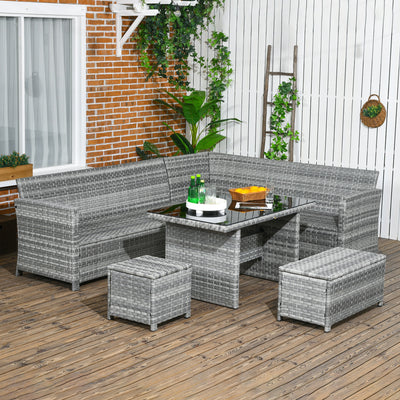 Outsunny 5-Piece Rattan Patio Furniture Set with Corner Sofa, Footstools, Glass Coffee Table, Cushions, Mixed Grey 