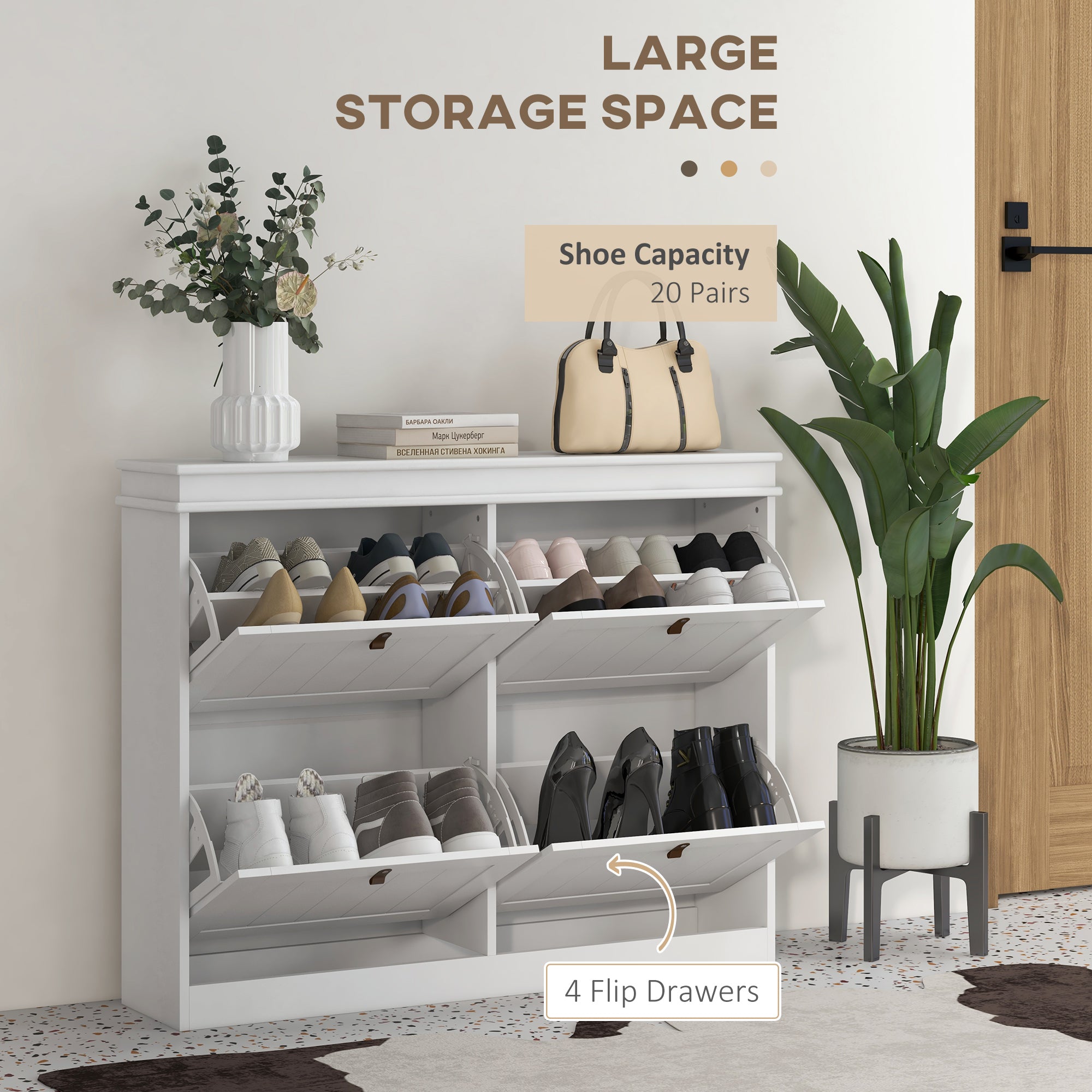 HOMCOM Slim Shoe Cabinet, Shoe Cabinet with 4 Drop-Down Drawers, 105W x 24D x 82.5H cm,  White 