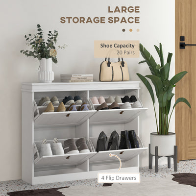 HOMCOM Slim Shoe Cabinet, Shoe Cabinet with 4 Drop-Down Drawers, 105W x 24D x 82.5H cm,  White 