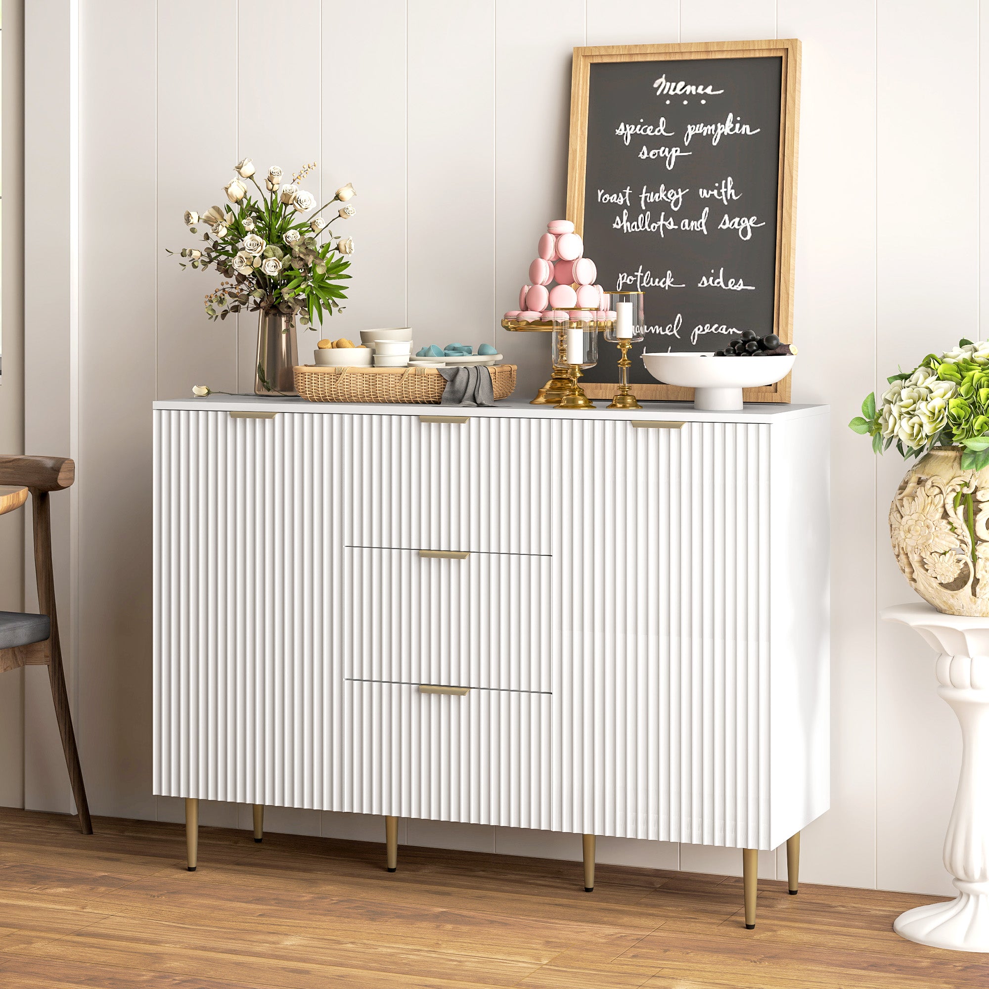 HOMCOM Sideboard Buffet Cabinet, Modern Kitchen Storage Cabinet with 3 Drawers and Adjustable Shelves, Living Room Cabinet with Metal Legs for Hallway, White 