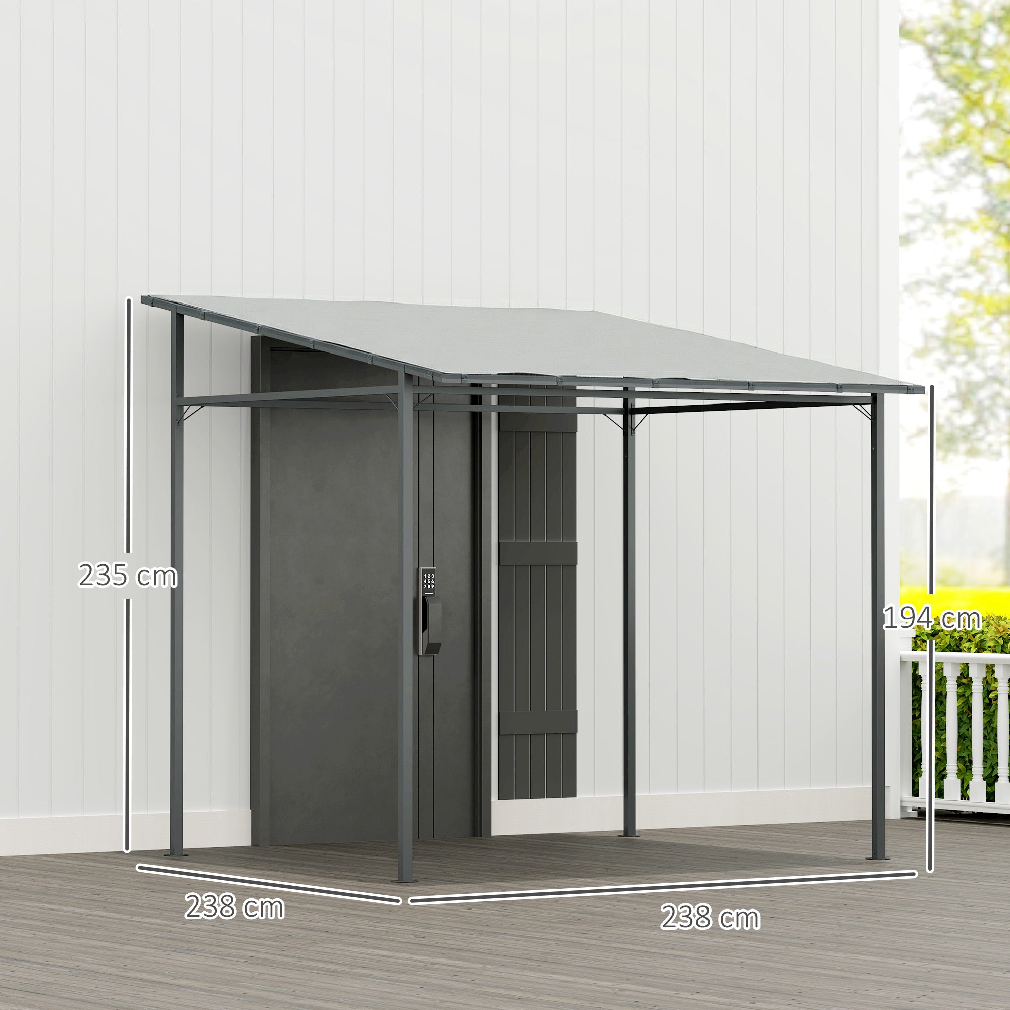 Outsunny 2.4 x 2.4 m Wall Mounted Pergola Gazebo with PA Coating Fabric, Metal Frame, UPF30+, Lean to Garden Gazebo, Light Grey 