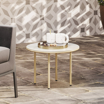 Outsunny Round Small Garden Table, 60cm Outdoor Side Table with Faux Marble Tempered Glass Top, Steel Frame for Garden Patio Balcony, Beige 